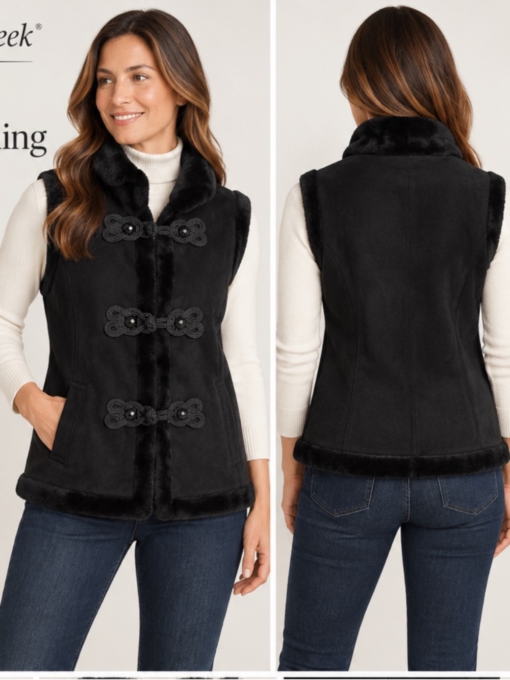 Black Faux-Fur Trim Suede Vest